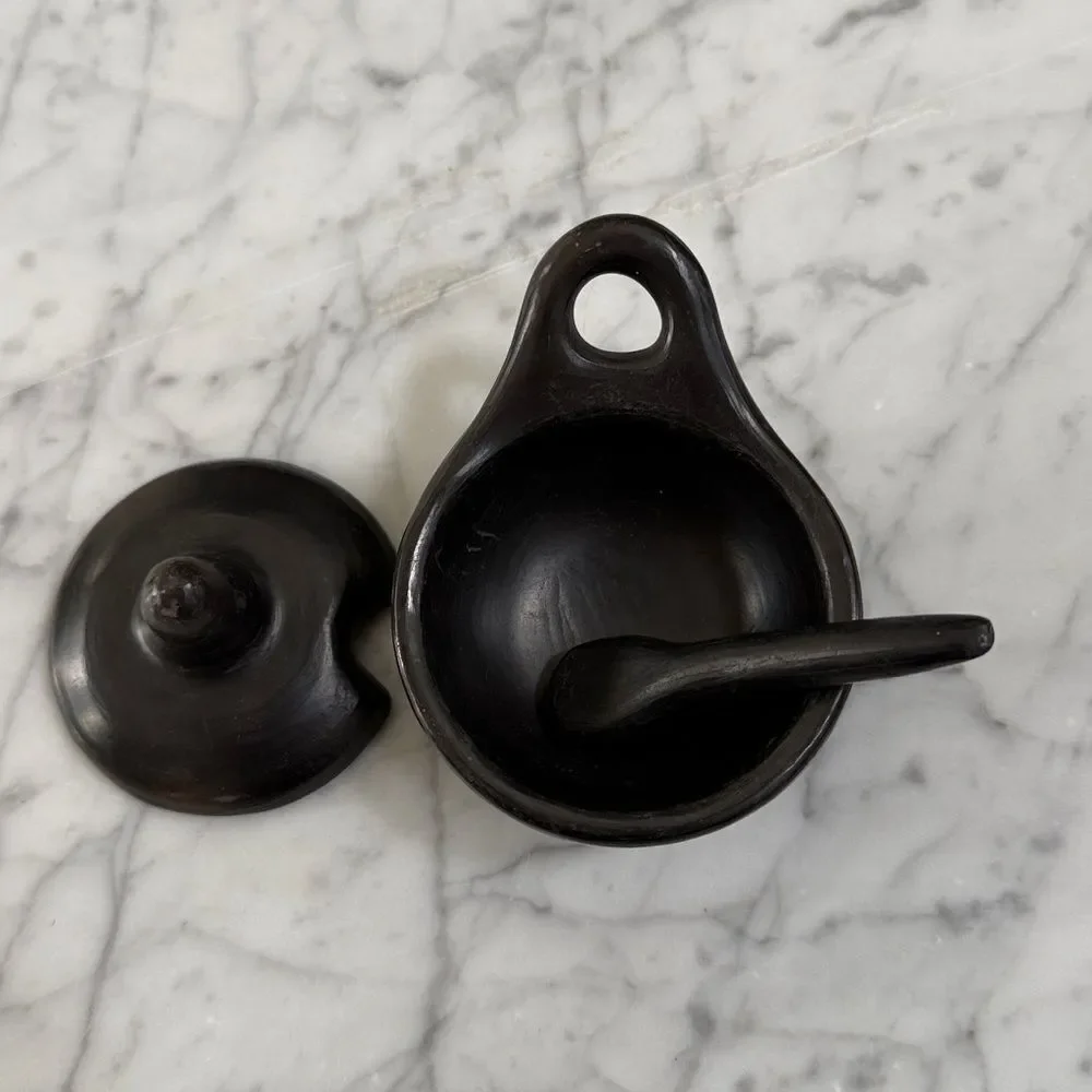Spice Condiment Holder Black Clay Pot with Spoon